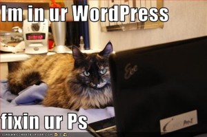 Cat next to computer saying I am in ur WordPres fixin ur Ps.