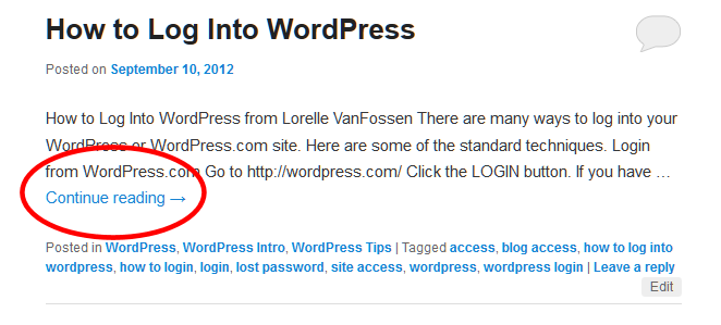 Example of a post excerpt on a multiple post pageview in WordPress with the continue reading link.