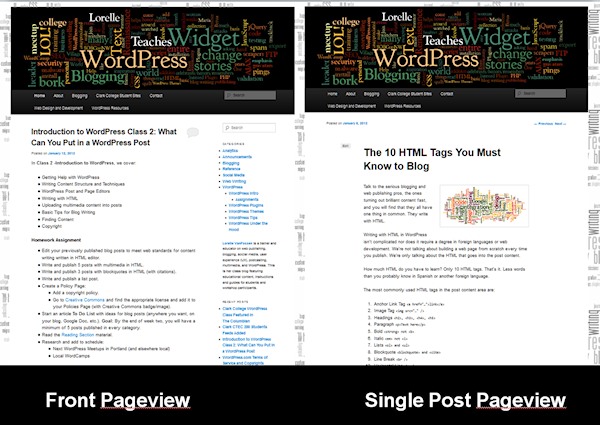 The 2011 WordPress Theme front and single post pageviews. Notice the front page has a sidebar and the single post does not.