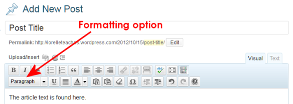WordPress Visual Editor Toolbar featuring the formatting option button.