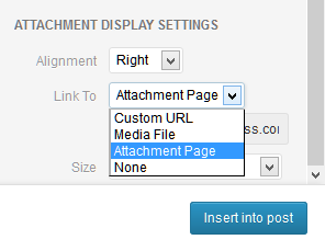 WordPress Media Uploader showing example of choosing the link to options.