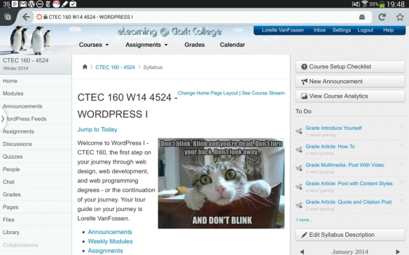 Screen capture of WordPress I course at Clark College on Canvas with the browser view on a tablet.